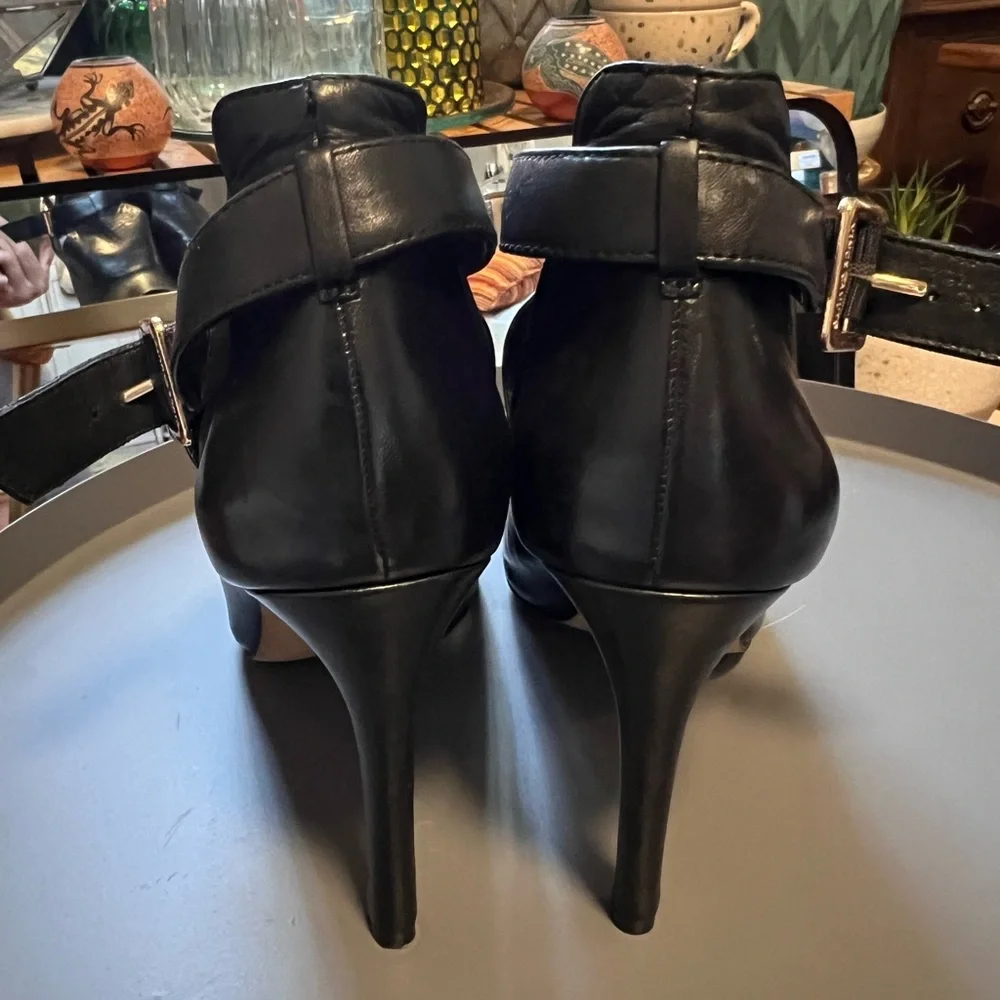 Vince Camuto Black Leather Peep-Toe Ankle-Strap Stilettos - Picture 9 of 16